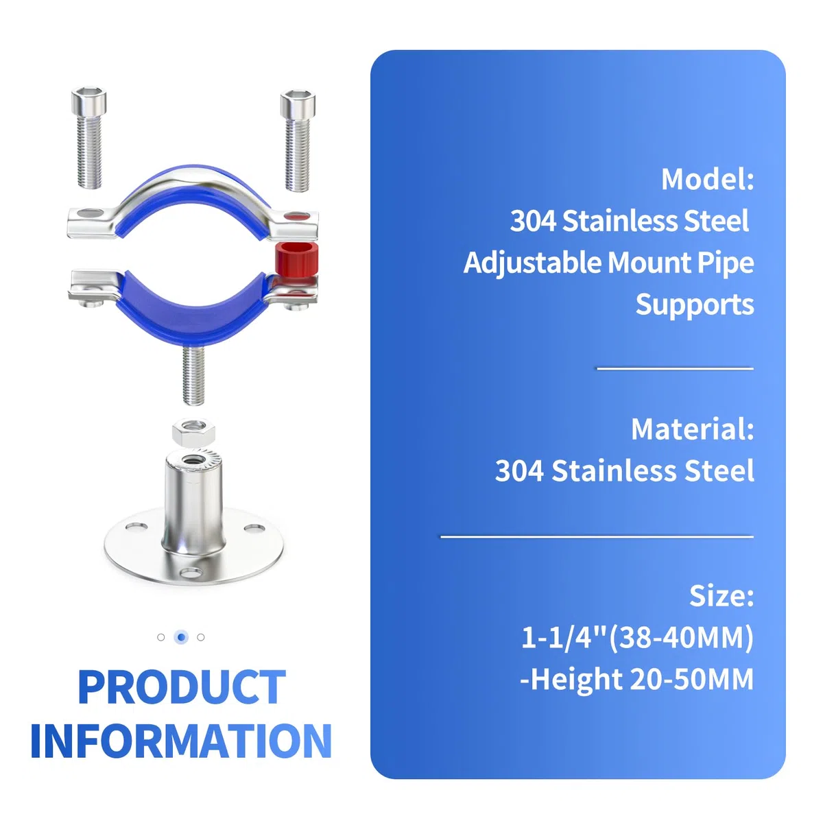 4 pezzi di supporti per tubi in acciaio inossidabile 304 per montaggio a parete e a soffitto, morsetto regolabile con viti per tubi con diametro esterno 1-1/4" (38-40mm), altezza 20-50mm