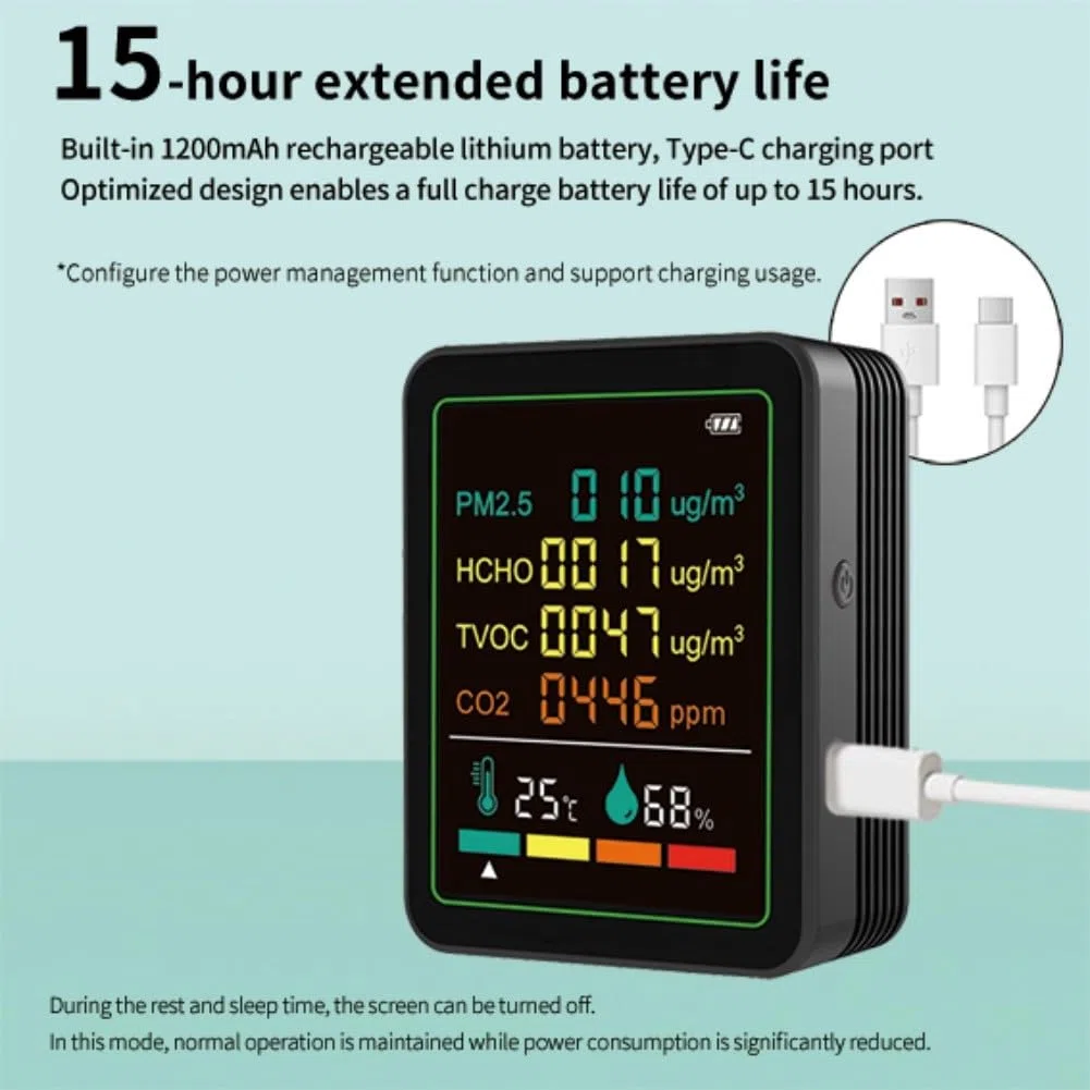 Monitor della qualità dell'aria interna 6 in 1 con TVOC, PM2.5, CO2, formaldeide, rilevamento temperatura e umidità, schermo a colori LED intelligente, ricarica USB-C