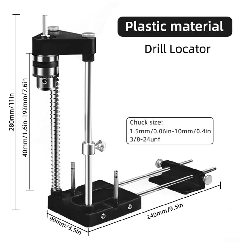 Posizionatore portatile di precisione per la lavorazione del legno, guida regolabile per trapano per fori accurati, 280 x 240 mm (nero)