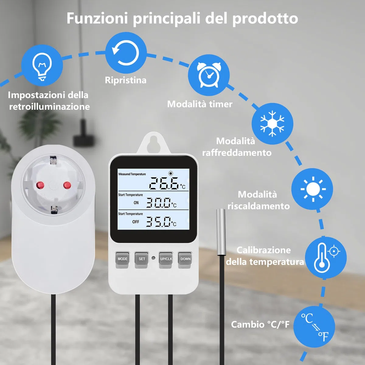 Presa di uscita del termostato digitale a spina, regolatore di temperatura di riscaldamento e raffreddamento, interruttore del riscaldatore e del raffreddatore, per terrario di incubazione