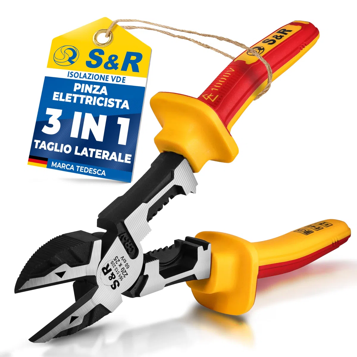 S&R Pinza Elettricista Diagonale Isolata 220 mm VDE 1000V – Pinza Taglio Laterale Combinata 3 in 1 con Spelatura e Crimpatura – Tronchesi per Cavi Professionale in Acciaio 60CrV