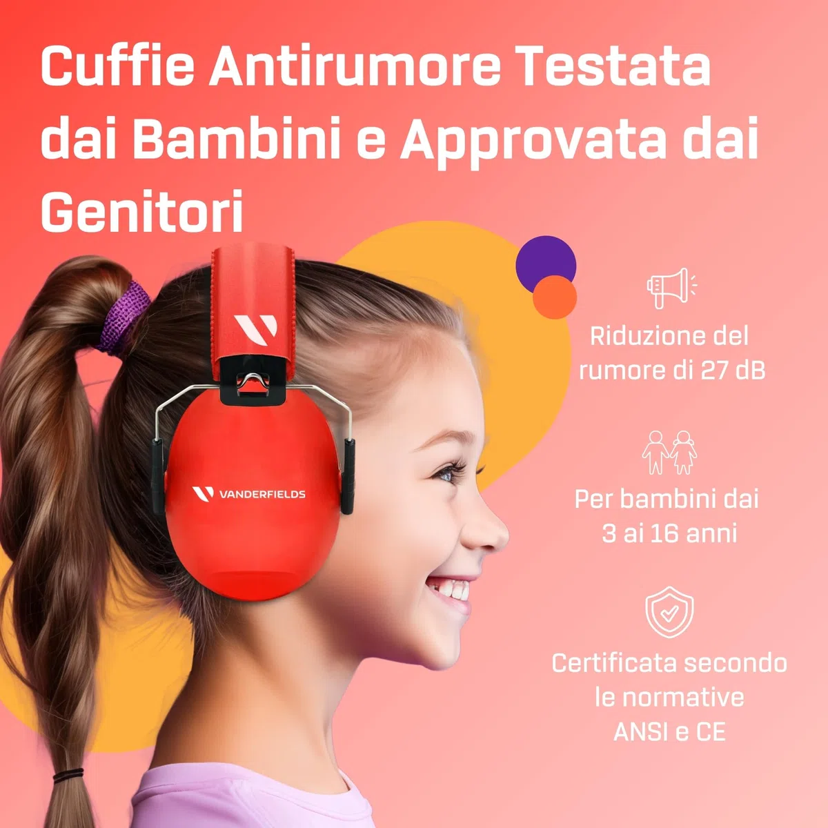 Vanderfields Premium cuffie di protezione per l'udito - Riduzione del suono ad ampio spettro 32 dB a 2 K Hz Cancellazione del rumore - Cuffie per bambini 3-12 - Rosso