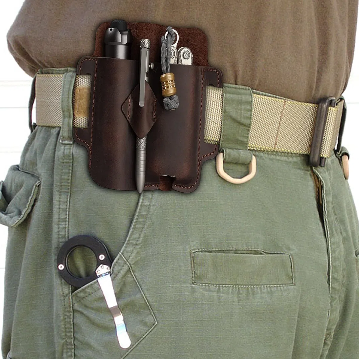 Borsa porta attrezzi in pelle, fondina per coltelli, borsa da cintura per uomo, organizer tascabile in pelle EDC da uomo con portapenne, guaina per torcia, guaina per torcia elettrica