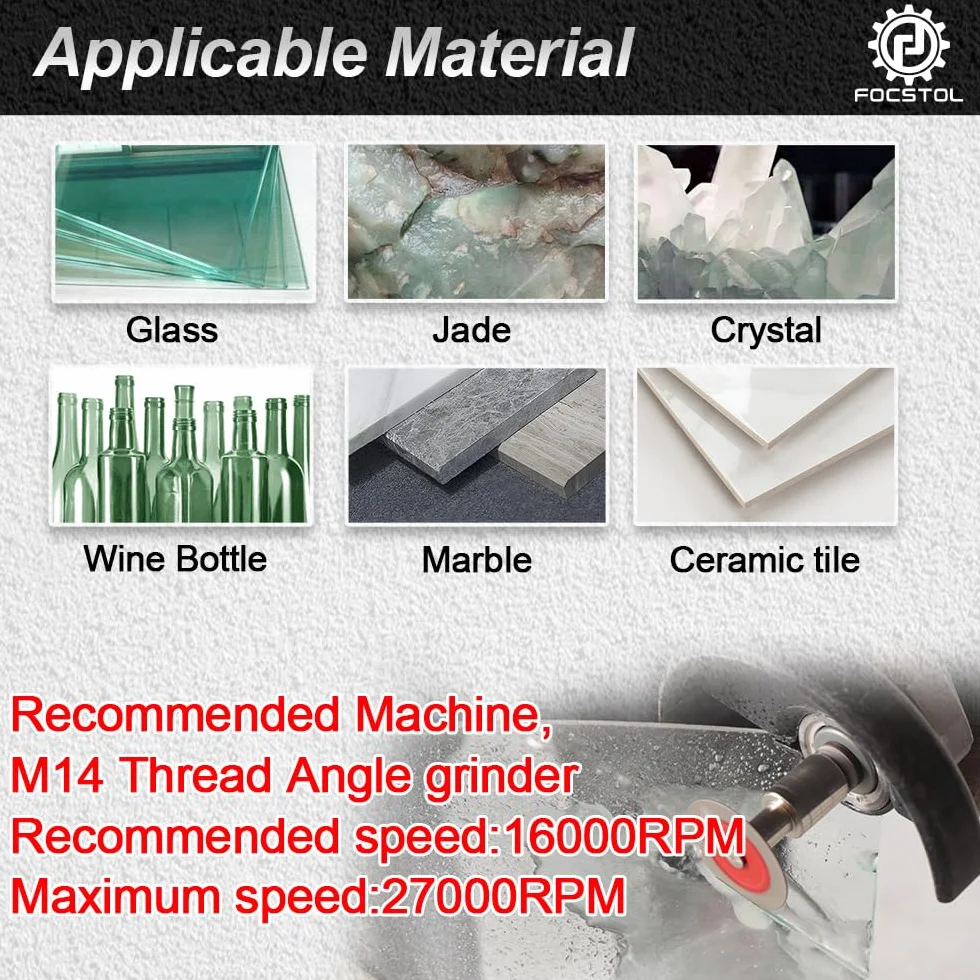 FOCSTOL Disco Diamantato per Taglio Vetro - 5 pezzi 50mm Lama Diamantata per Vetro e 1 pezzo Flangia Filettatura M14 per Giada Marmo Granito Pietra Artificiale Porcellanato Piastrelle Ceramica