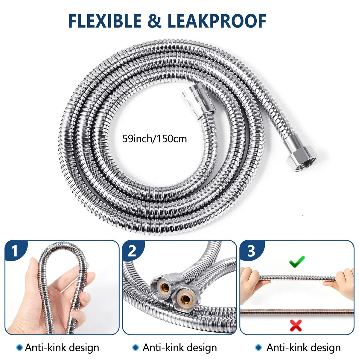 Vinabo Flessibile Doccia in Acciaio Inossidabile (G1/2 pollici, 150 CM),Tubo Doccia, Anti-Esplosione Resistente Alta Temperatura Anti-Torsione Cromo Tubo per Doccia Lungo, Argento
