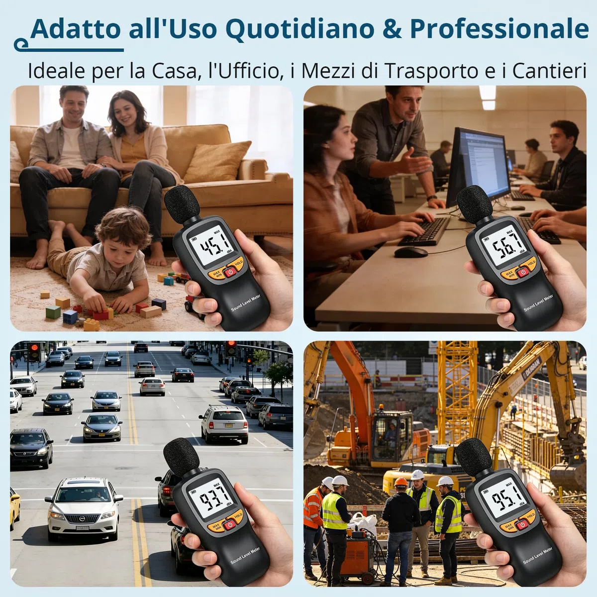 Fonometro Digitale Portatile 30-130dB (A) con LCD Retroilluminato | Misuratore di Livello Sonoro Ponderato A con Precisione ±1,5dB , Funzione MAX/MIN e Data Hold per Ufficio, Fabbrica, Cantieri
