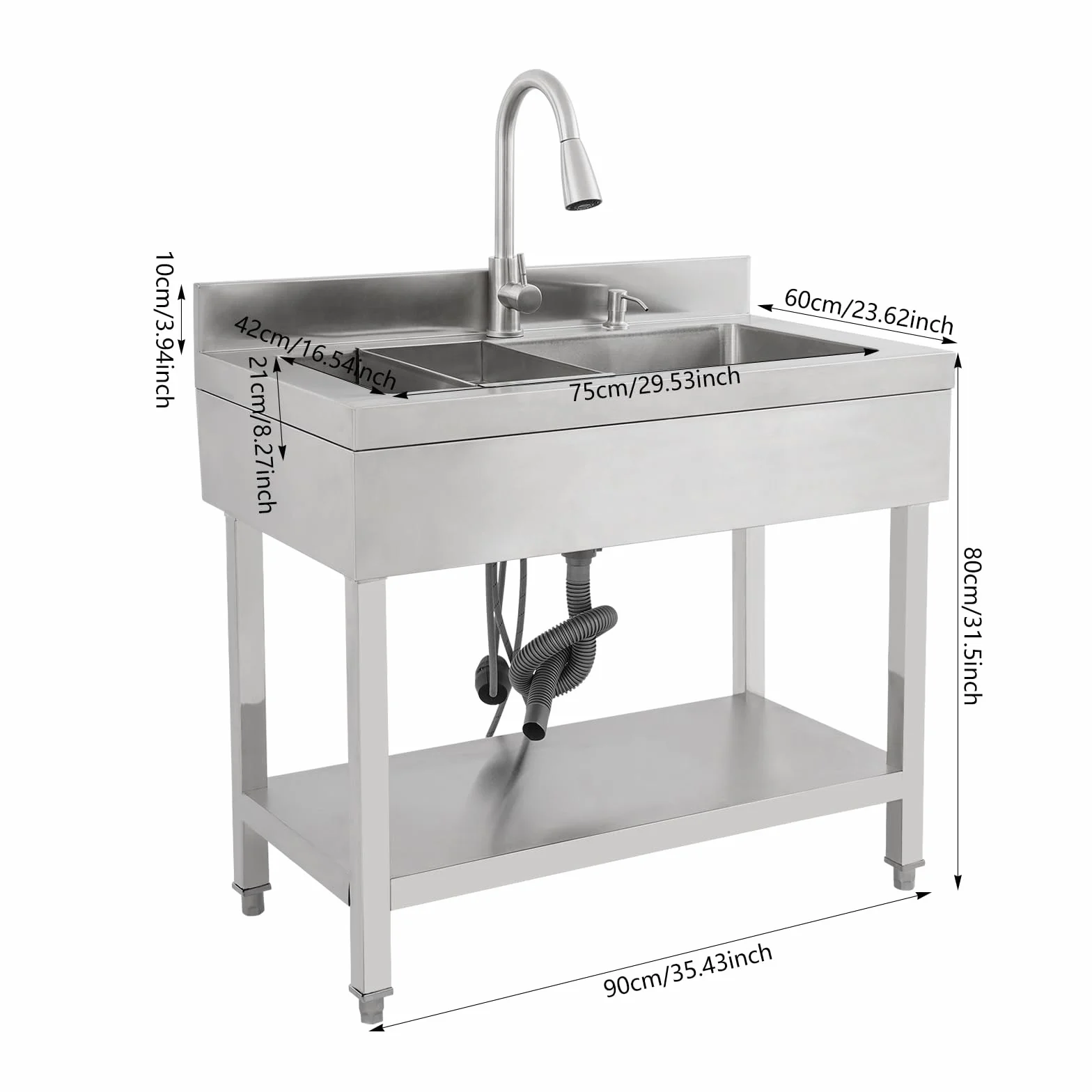 Lavello autoportante in acciaio inox con rubinetto estraibile, per casa, garage, giardino, molto resistente, con scolapiatti e angolo rotondo, facile da montare (argento 90 x 60 x 80 cm)