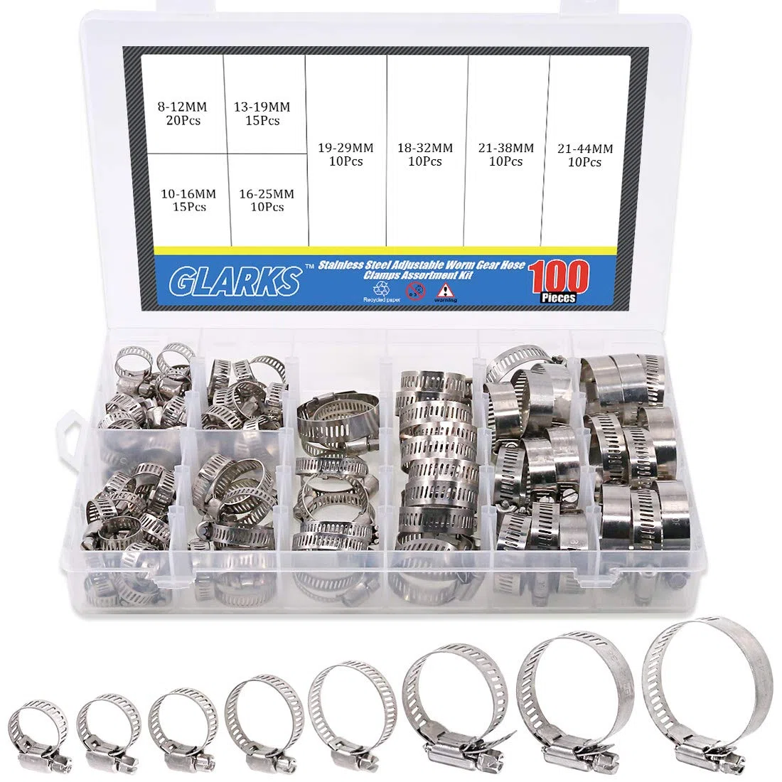 Glarks 100 pezzi regolabili 8-44 mm gamma 304 in acciaio inox vite senza fine kit assortimento di morsetti per tubo dell'acqua, idraulici, applicazioni automobilistiche e meccaniche