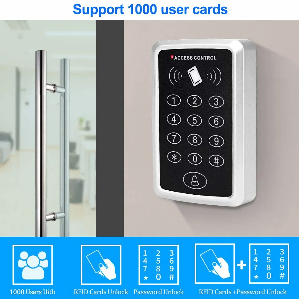 FTSTech Kit Tastiera Digitale per Controllo Accessi 125 kHz, con Copertura Impermeabile, 1000 Utenti, Adatta per a di Sicurezza Domestica + 10 Tasti Blu