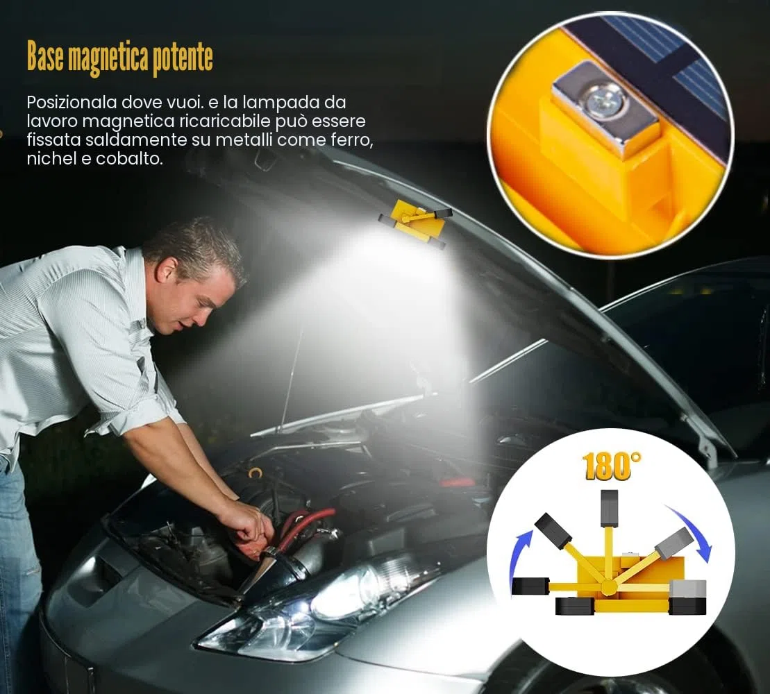 Faro Luce LED Ricaricabile 80W, Faretto LED da Portatile con USB, 4 Modalità Luci da Lavoro Campeggio Impermeabile Lampcon Batteria Ricaricabile Integrata 10000 mAh per Cantiere, Riparazioni Auto