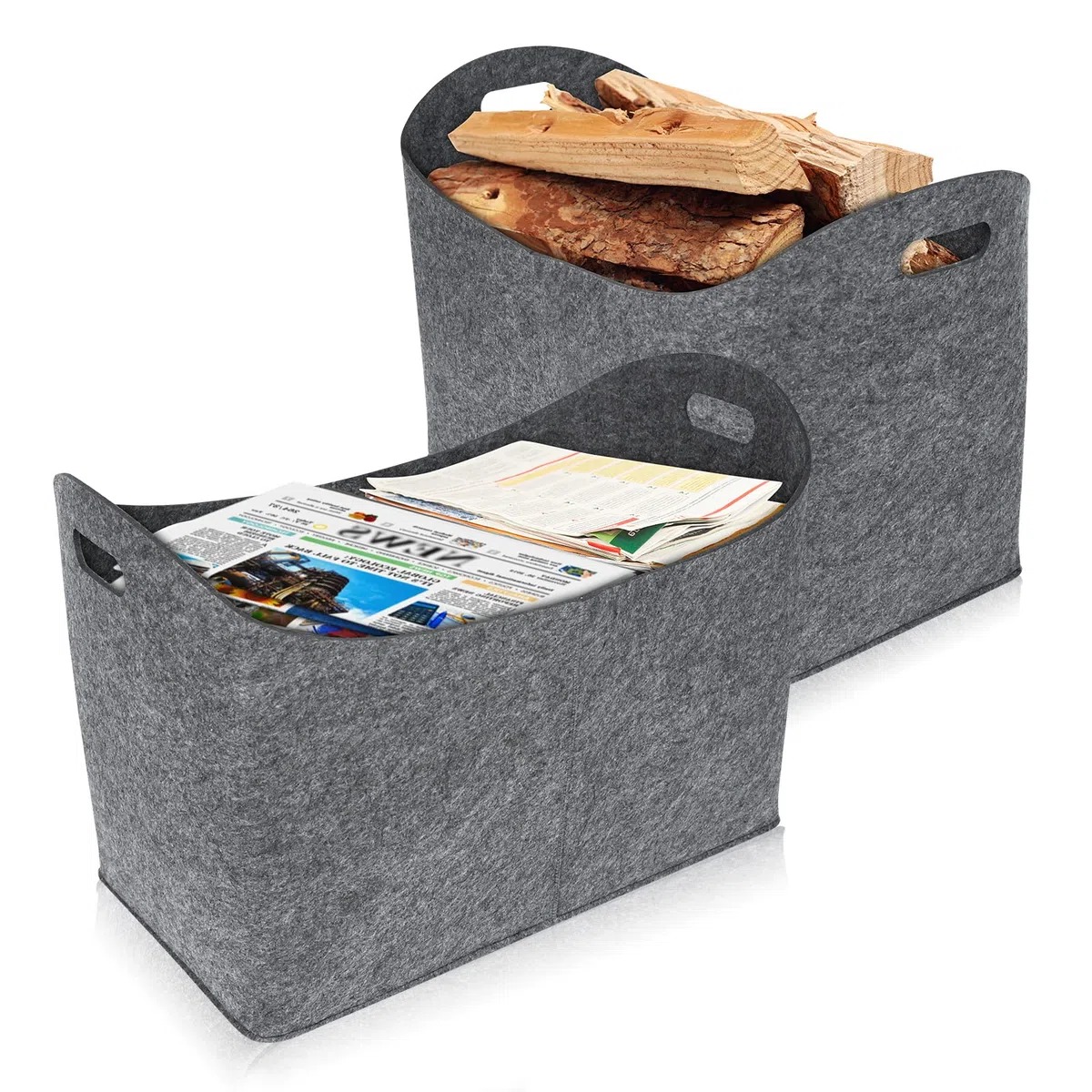 2X sacchetti in feltro per legna da ardere portatile pieghevole per legna da ardere, con manici, grande cestino multiuso per legna da ardere, giornali(Typ B,colore grigio chiaro)