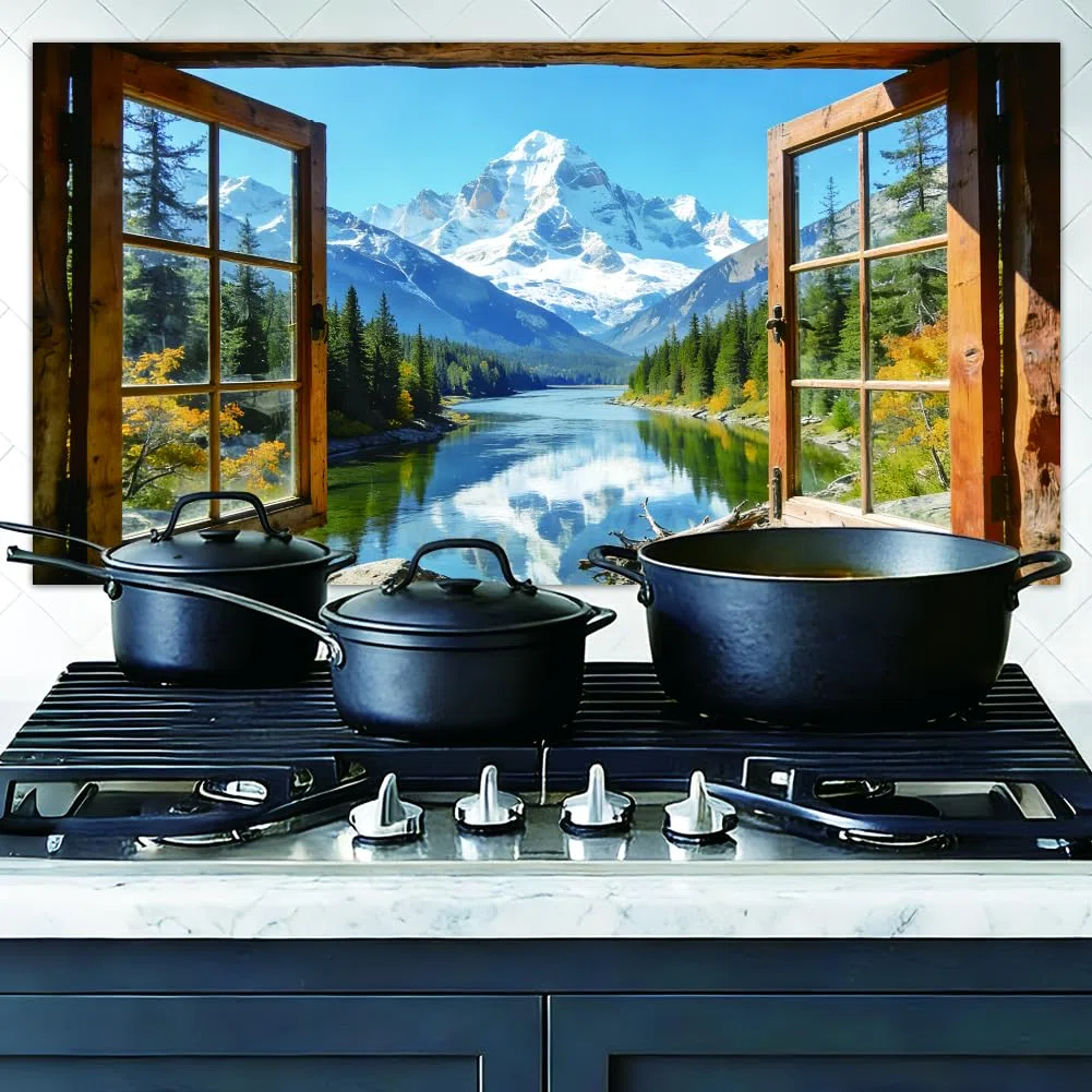 1 pannello paraschizzi per cucina, finestra vista montagna, adesivo da parete rimovibile senza danneggiare la parete, paraschizzi per cucina appartamento 40 x 76 cm