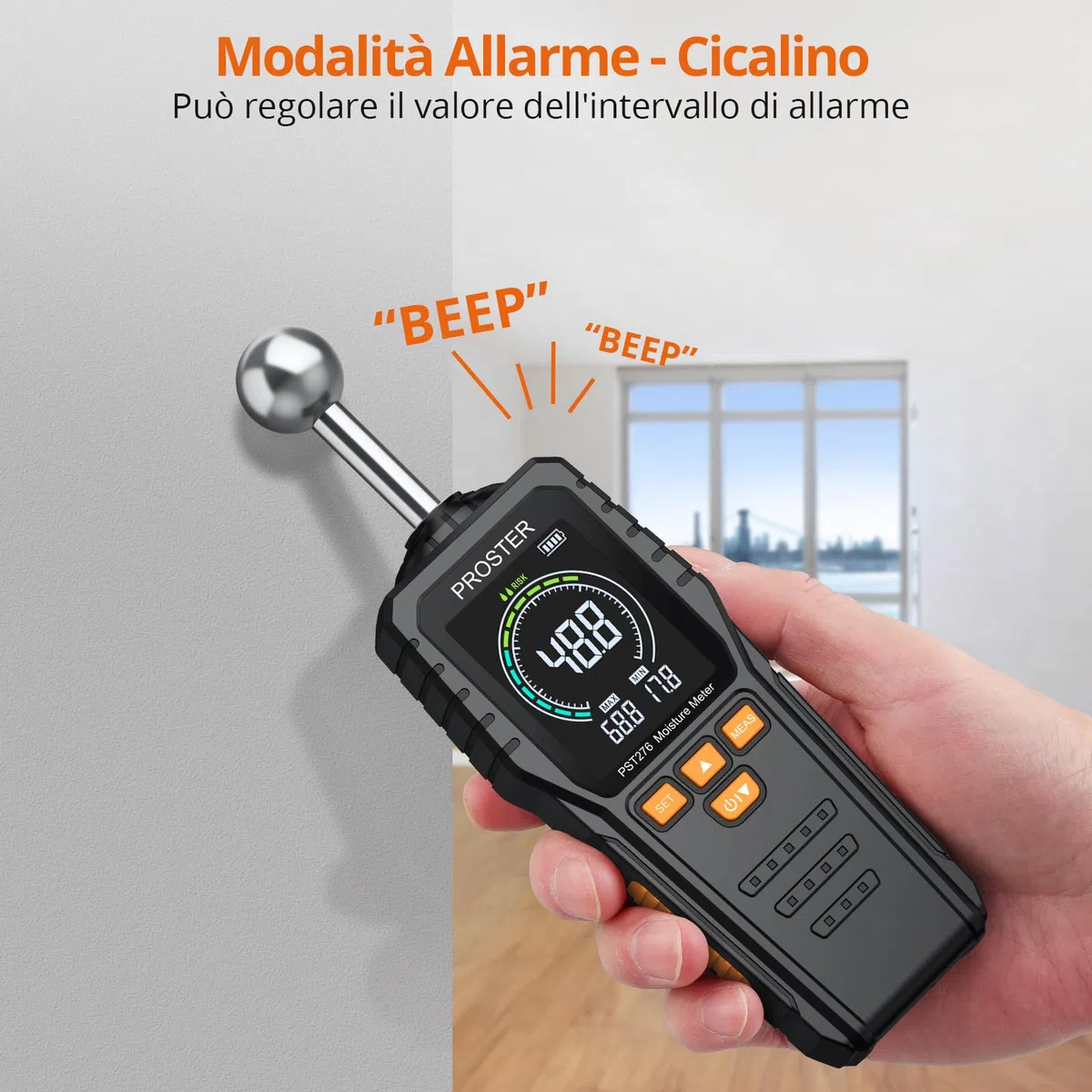 Proster Misuratore di Umidità Ricaricabile Rivelatore di Umidità Igrometro Senza Ago per Pareti con Schermo LCD a Colori Allarme Indicatore di Umidità 5-40 mm per Legno Edilizia Calcestruzzo