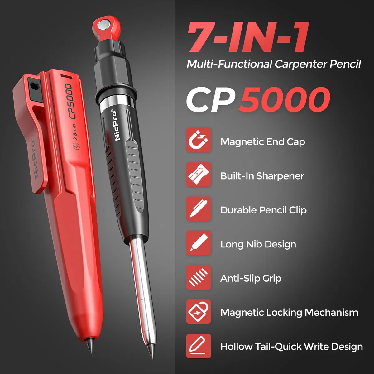 Nicpro CP5000 matite carpentiere magnetiche, portamine 2,8 mm+ 10 ricariche, matite per marcatura di fori profondi, matita per lavorazione del legno con strumento di presa magnetico