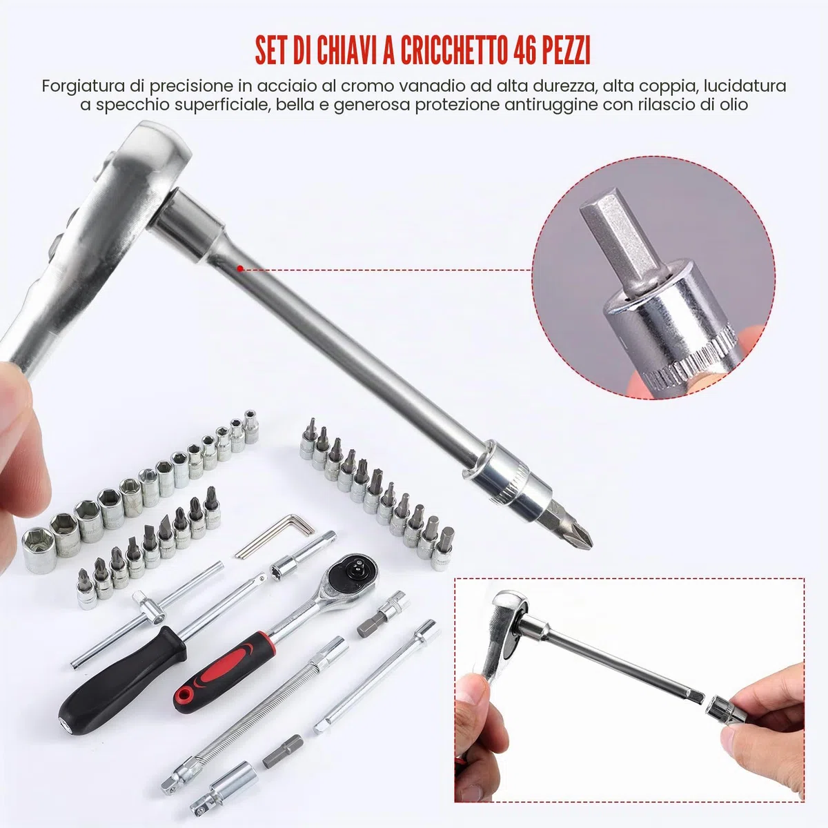 46PCS Set di chiavi a bussola,kit di strumenti a cricchetto per chiavi a bussola ad azionamento metrico, bit di cacciavite strumento di riparazione autoveicoli 1/4 di pollice (nero)