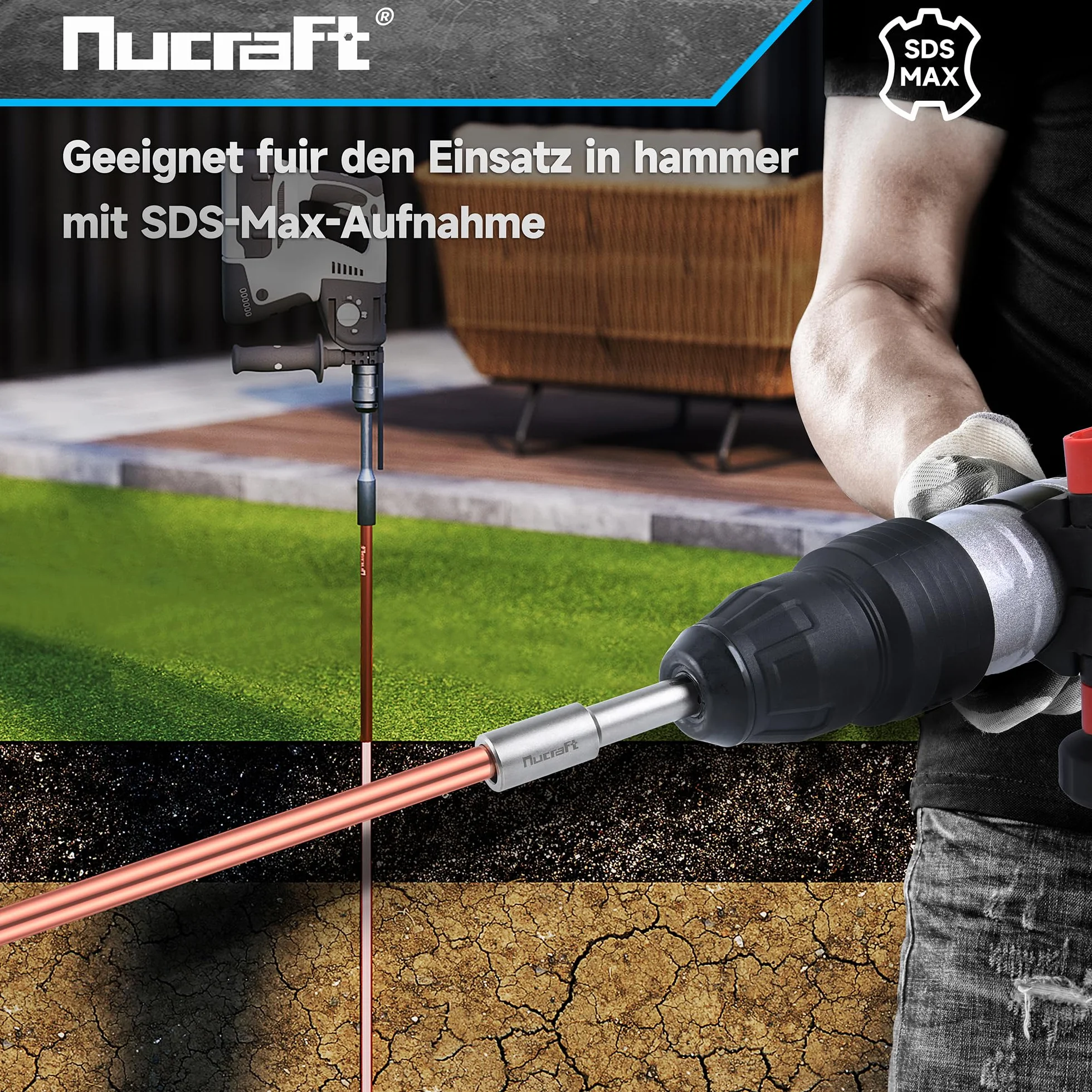 Nucraft Driver per chiodi a terra professionali SDS-MAX Trapano chiodo per inserimento di terriccio di terra 162x 28 mmØ20.5mm