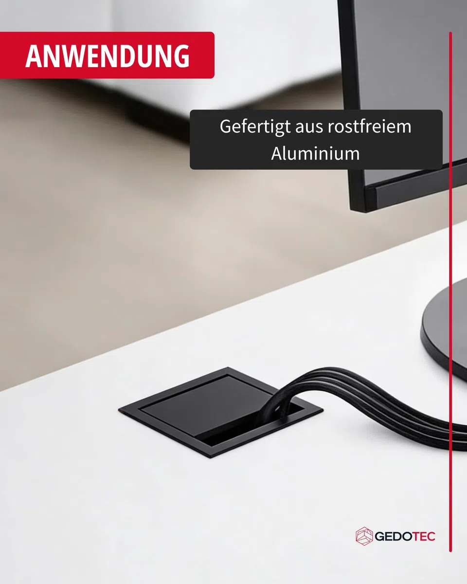 Gedotec Passacavo rettangolare nero con guarnizione a spazzola, 1 pezzo, passacavo per scrivania, EXIT G11 ECO, scatola per cavi in alluminio incassata, 100 x 100 mm, uscita cavo tavolo da ufficio da