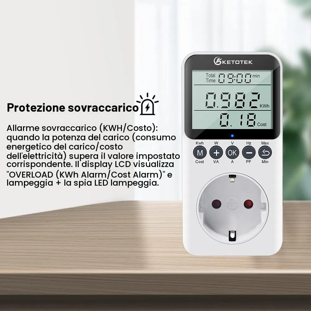KETOTEK Misuratore di Consumo Elettrico Contatore del Consumo di Corrente Contatore Energia Elettrica con Schermo LCD Protezione da Sovraccarico Potenza Massima 3680W