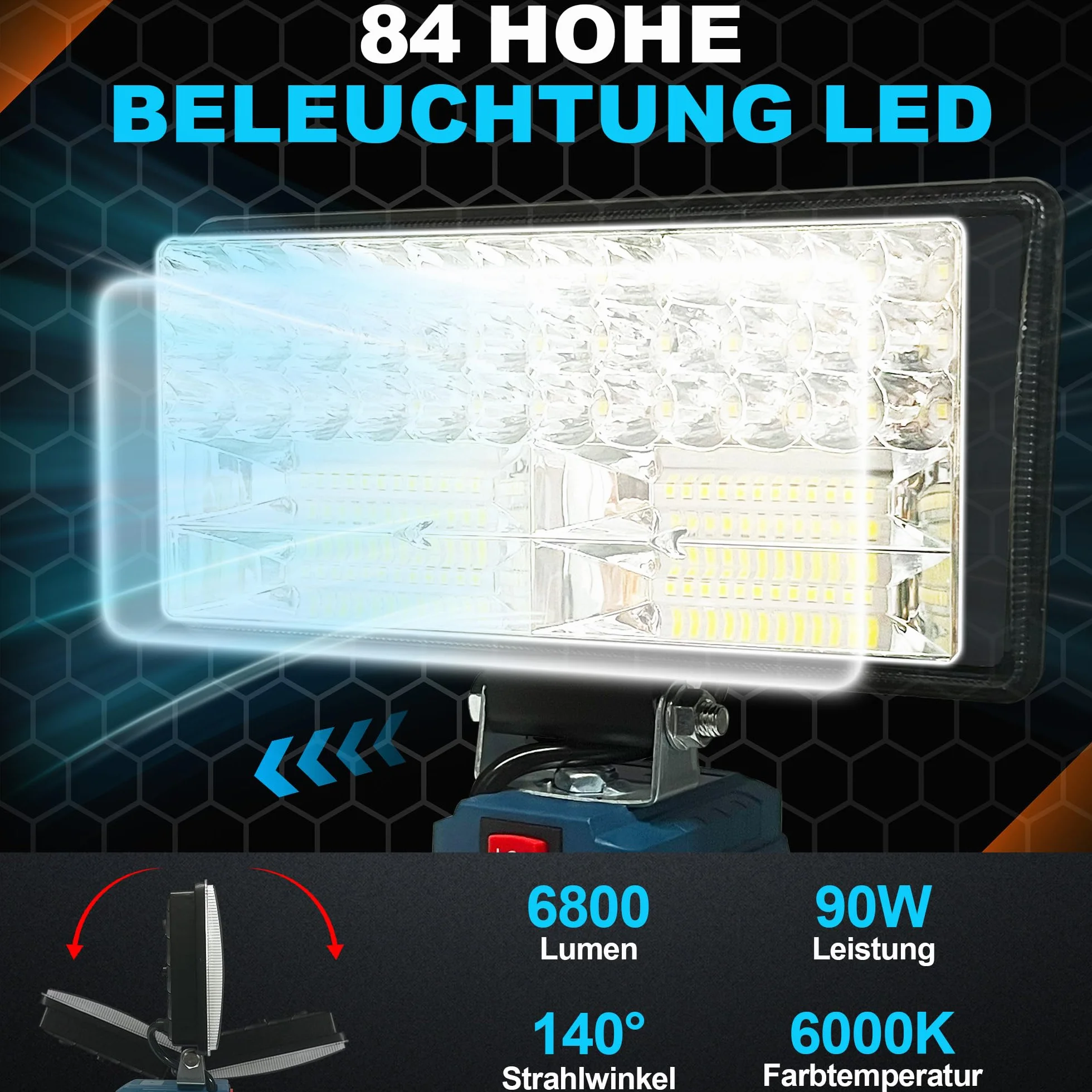Lampada a LED per batteria Bosch da 18 V, 96 W, 6800 lm, con USB + tipo C (senza batteria)