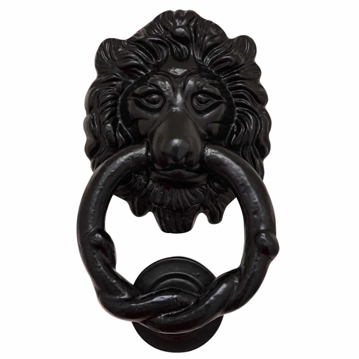 Mythrojan Battente per porta con testa di leone, in ghisa, con viti, anello per porta d'ingresso, vittoriano, realizzato a mano, medievale, nero antico, nero