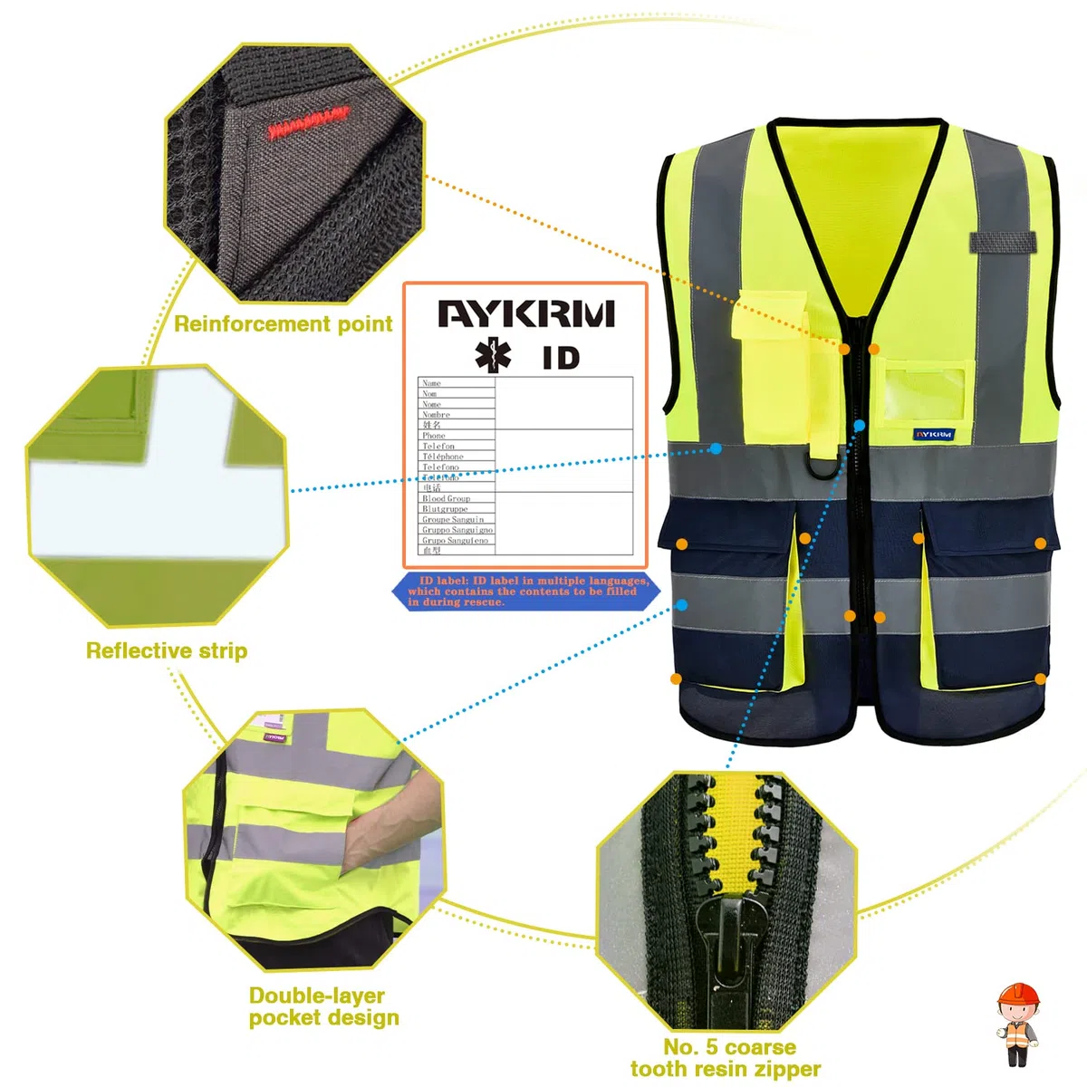 AYKRM 21 couleurs gilet lavoro catarifrangente alta visibilita con tasche e stampa staff personalizzata
