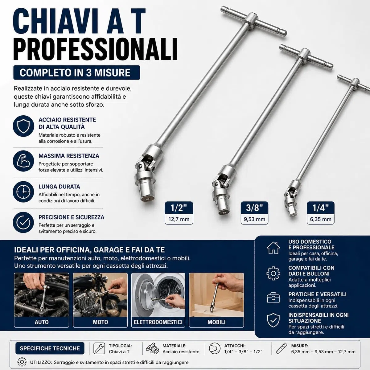 topolenashop Set 3 Chiavi a T Snodabili 1/2" 1/4" 3/8" | Chiavi a T Lunghe 43cm in Acciaio | Manico Scorrevole Attacco Quadro per Officina, Garage, Fai da Te