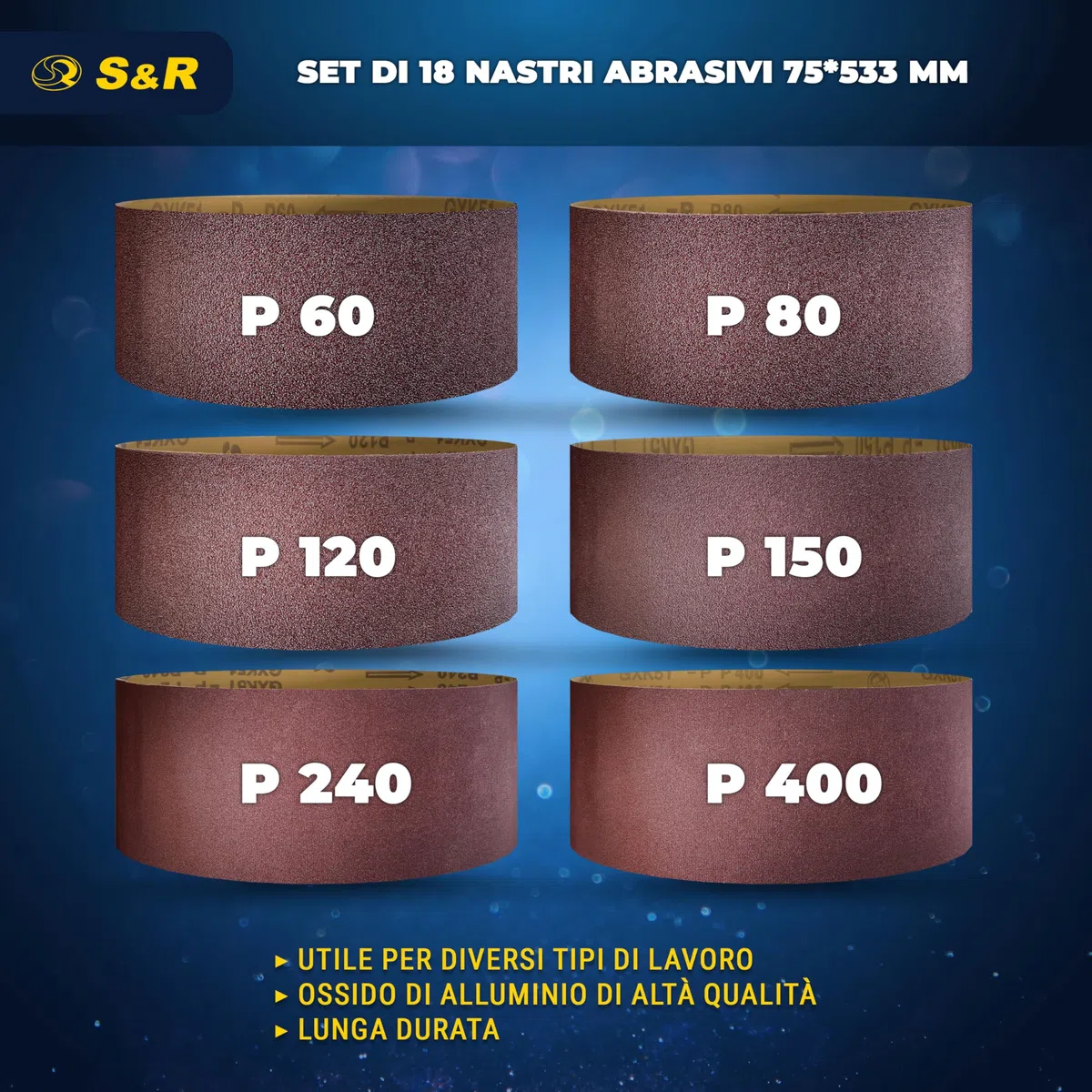 S&R Nastro Abrasivo 75 x 533 mm per Levigatrice a Nastro. Set di 18 Nastri Abrasivi; 3 per ogni Grana P60, P80, P120, P150, P240, P400.