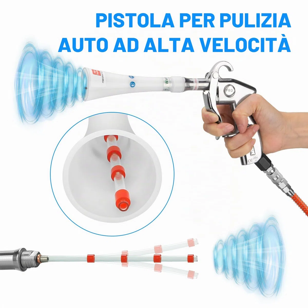 Pistola per la Pulizia a Secco,6-9.2Bar, Pistola Aria Compressa alta pressione con 2 set di ugelli, pulizia interna dell'auto per la tappezzeria del veicolo, sedili in moquette