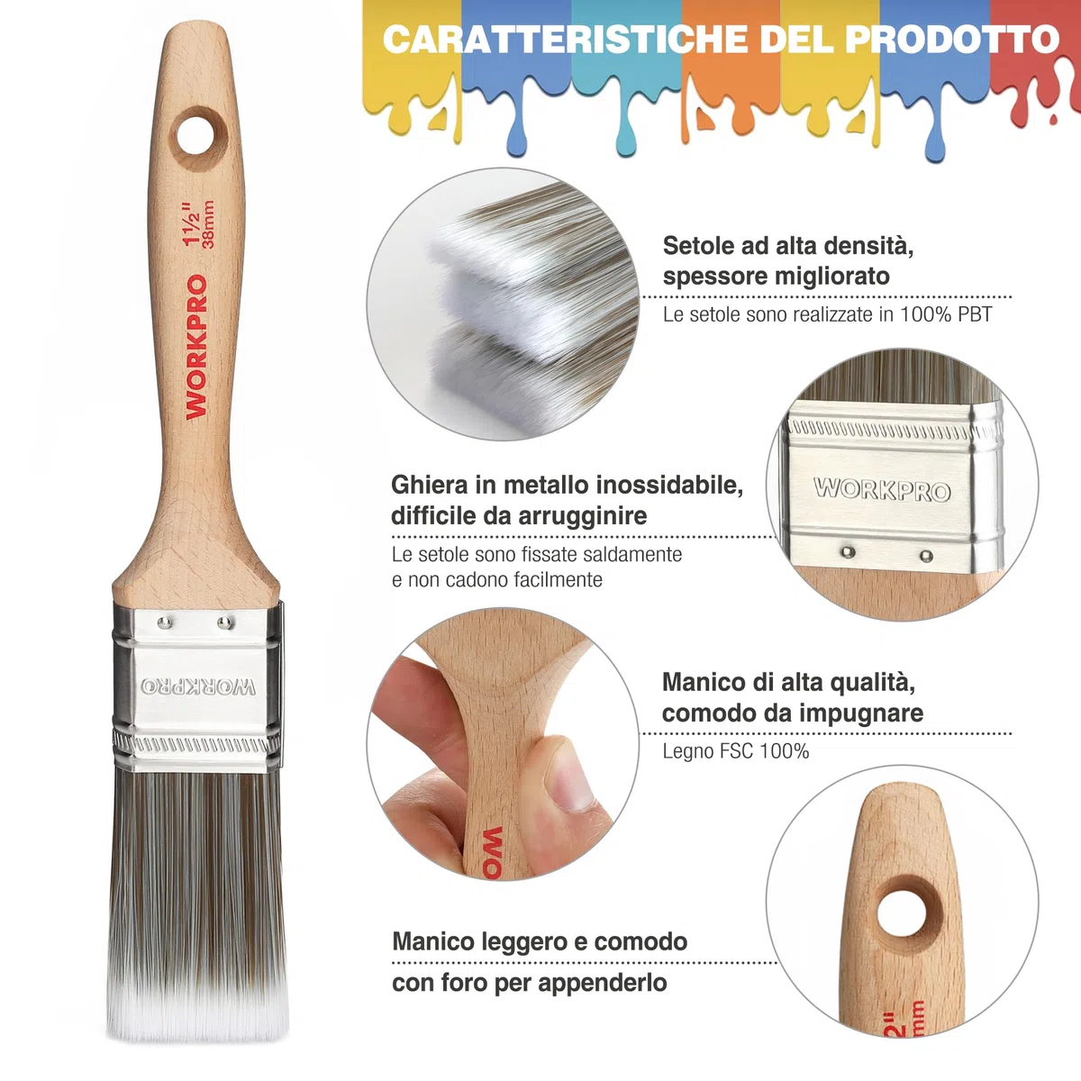 WORKPRO Set di 4 Pennelli per Pittura Professionali con Manico in Legno Resistente, 100% Certificato FSC, 2 Pennelli Piatti 25mm/38mm, 2 Pennelli Angolari 25mm/38mm, Nessuna Perdita di Capelli