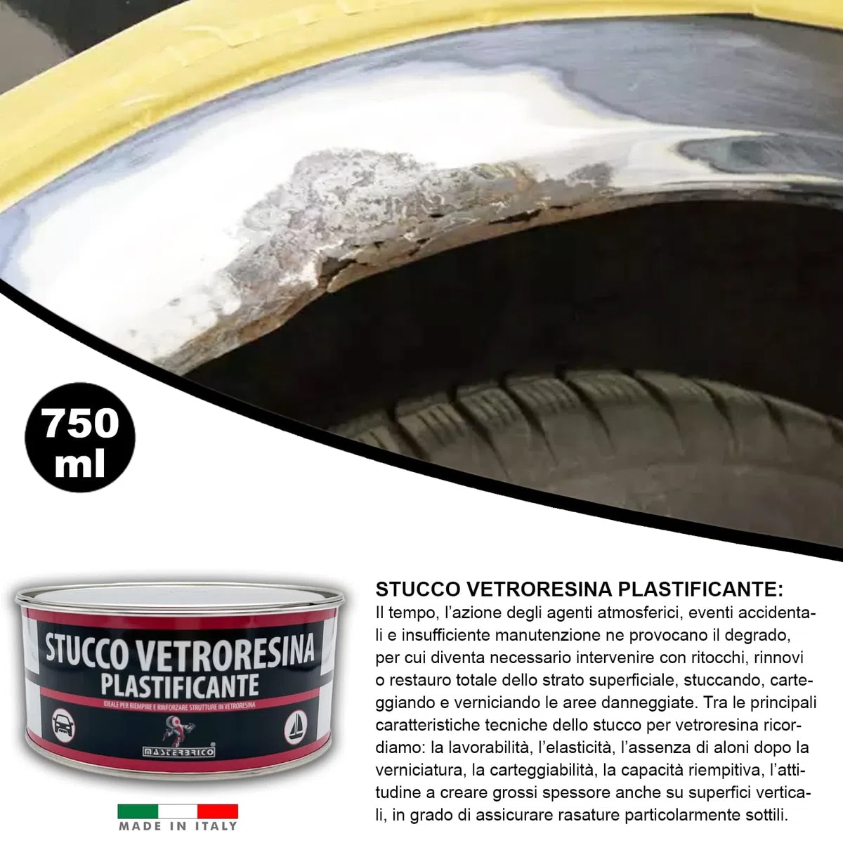 MASTERBRICO Kit Stucco Vetroresina Bicomponente 750 ml + Gelcoat Paraffinato 1 kg – Finitura e Riparazione Professionale per Nautica, Vetro Moto, Laminati e Carrozzeria