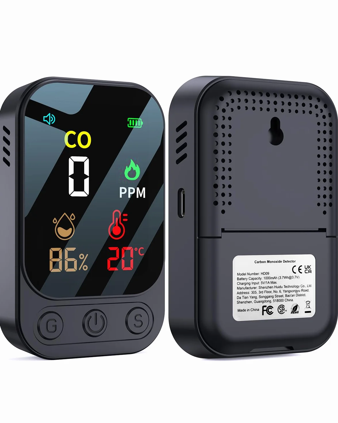 Rilevatore di monossido di carbonio portatile 3 in 1, rilevatore di monossido di carbonio ricaricabile con indicatore di temperatura dell'umidità, portatile per casa, roulotte, campeggio, nero