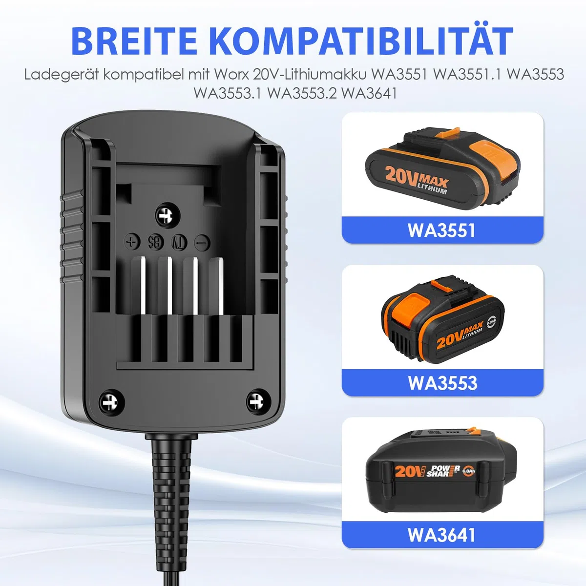 Caricabatterie WA3760 compatibile con Batterie al Litio Worx 18V 20V Max, Caricatore Sostitutivo per Tutte le Batterie e gli utensili Worx a 4 pin