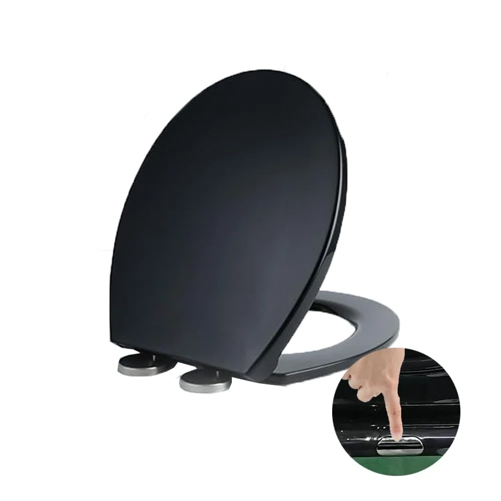 Sedile per WC con chiusura rallentata, chiusura rallentata, con sgancio rapido per una facile pulizia, sedile WC standard a forma di O, semplice fissaggio superiore, nero