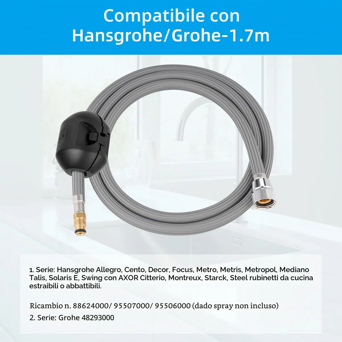 Hibbent Tubo di Ricambio per Rubinetto Estraibile Compatibile con Rubinetti da Cucina Hansgrohe/Grohe con 6 Adattatori, Modello Standard 88624000/46174000/46092000, Tubo di Ricambio da 150 cm, con