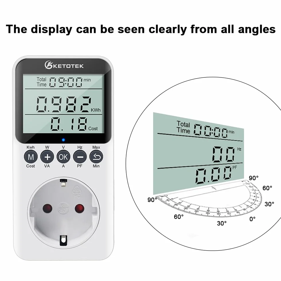 KETOTEK Misuratore di Consumo Elettrico Contatore del Consumo di Corrente Contatore Energia Elettrica con Schermo LCD Protezione da Sovraccarico Potenza Massima 3680W