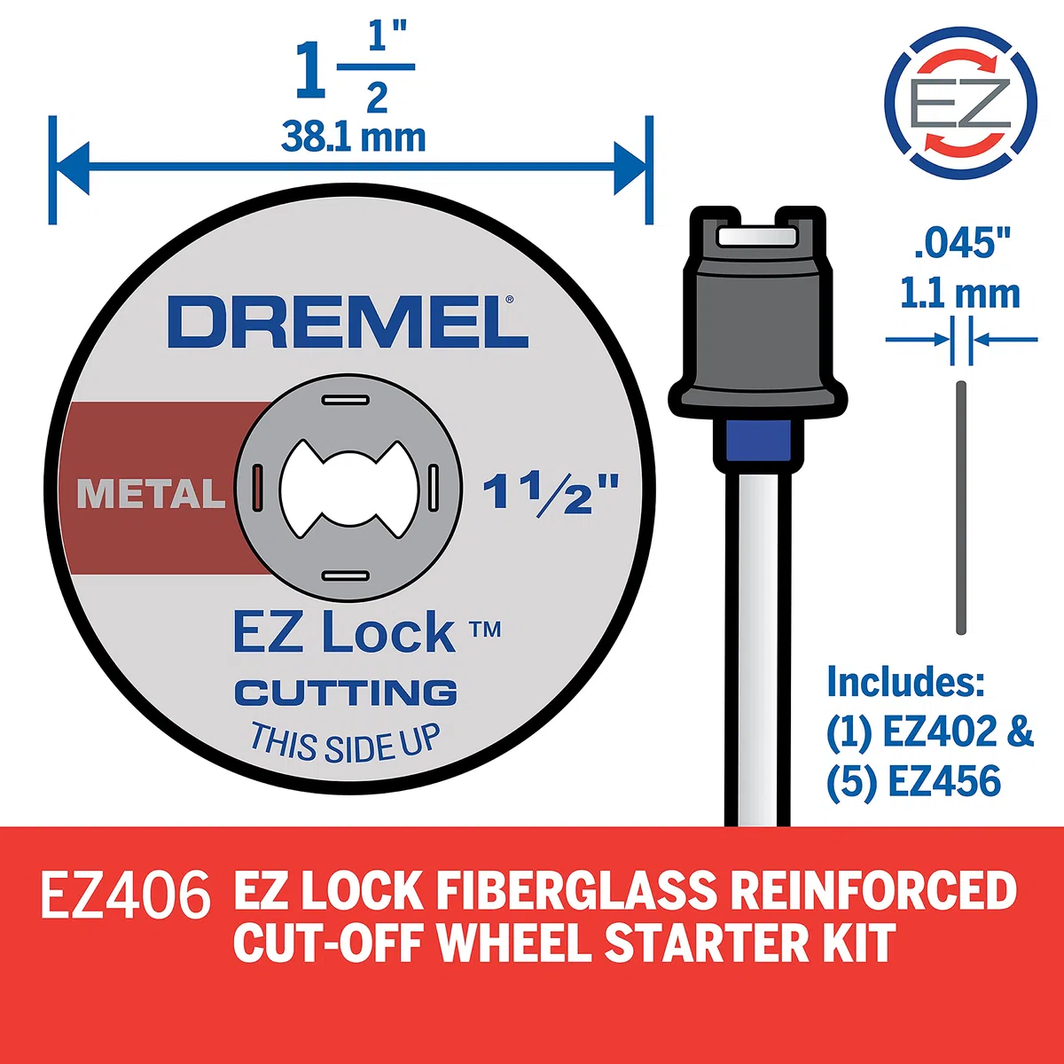 Dremel EZ406-02, EZ - Lock Starter Kit, 1 1/2" (38,1 mm) Diametro ruota, 5 pezzi in fibra di vetro rinforzato con dischi da taglio e mandrino EZ402 inclusi, accessori per dischi da taglio per utensili
