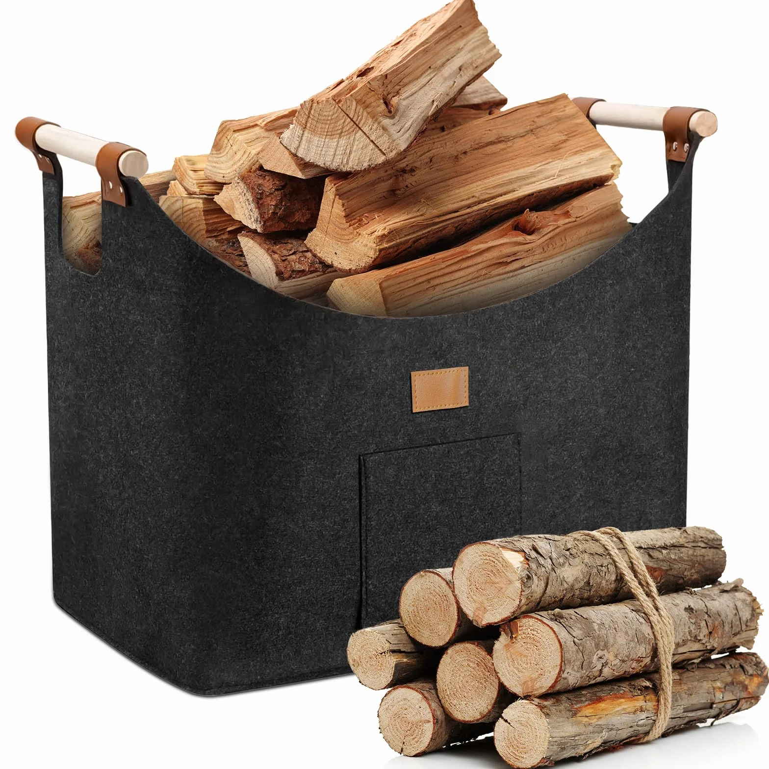 Borsa In Feltro per Legna da Ardere, 96LCesto Portalegna, Pieghevole Borsa Porta Legna, Cesta Legnas Camino con Tasca Laterale, Cesta Porta Legnas, 60x40x40Cesta Legnas da Interno,Grigio Scuro
