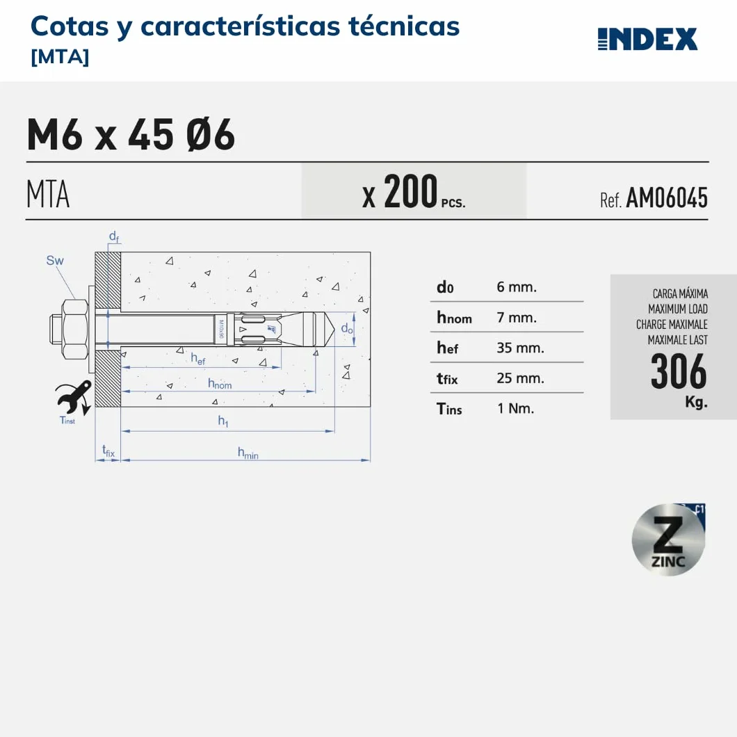 INDEX Fixing Systems MTA-Set di 100 ancoraggi m per carichi alte zincato, AM08075