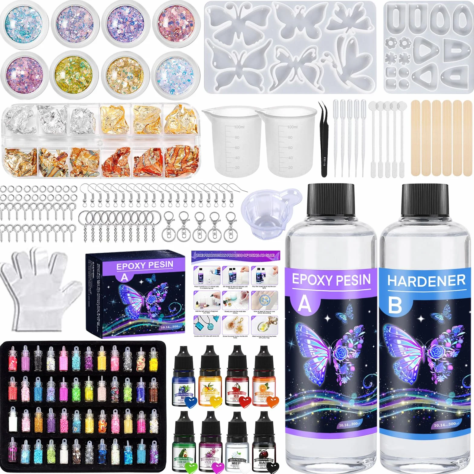 Resina Epossidica Trasparente Kit 600ml Colla Resina Epoxy con Indurente,Kit Resina Epossidica Completo Adatto per la Creazione di Gioielli, Fai da Te, Pendenti per Collane
