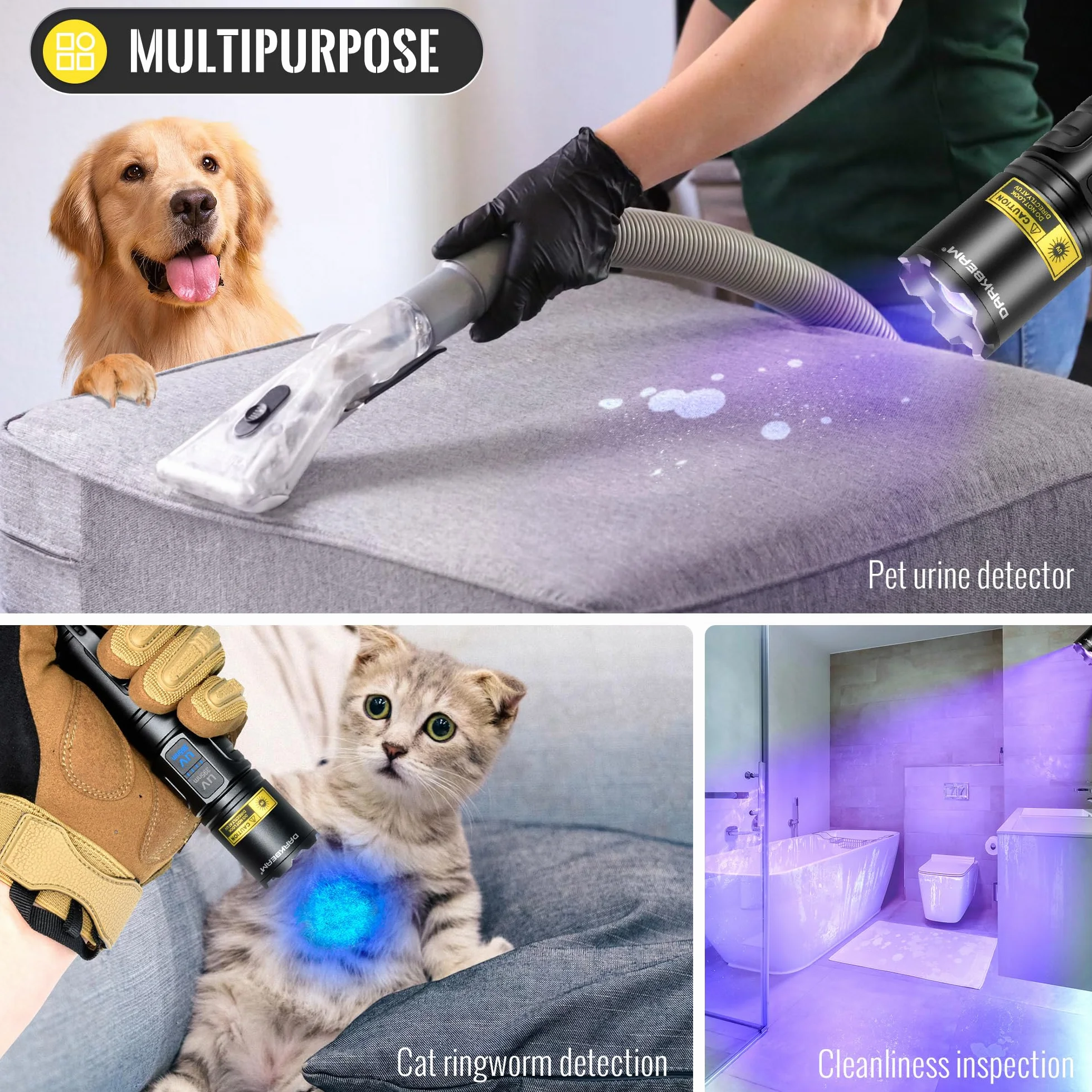 DARKBEAM Torcia UV 365nm & 395nm Doppia Luce Nera, LED Potente Lampada di wood Ricaricabile USB Torce Ultraviolette Rilevatore di urina per gatto/cane, per minerali, vetro uranio, ambra, resina