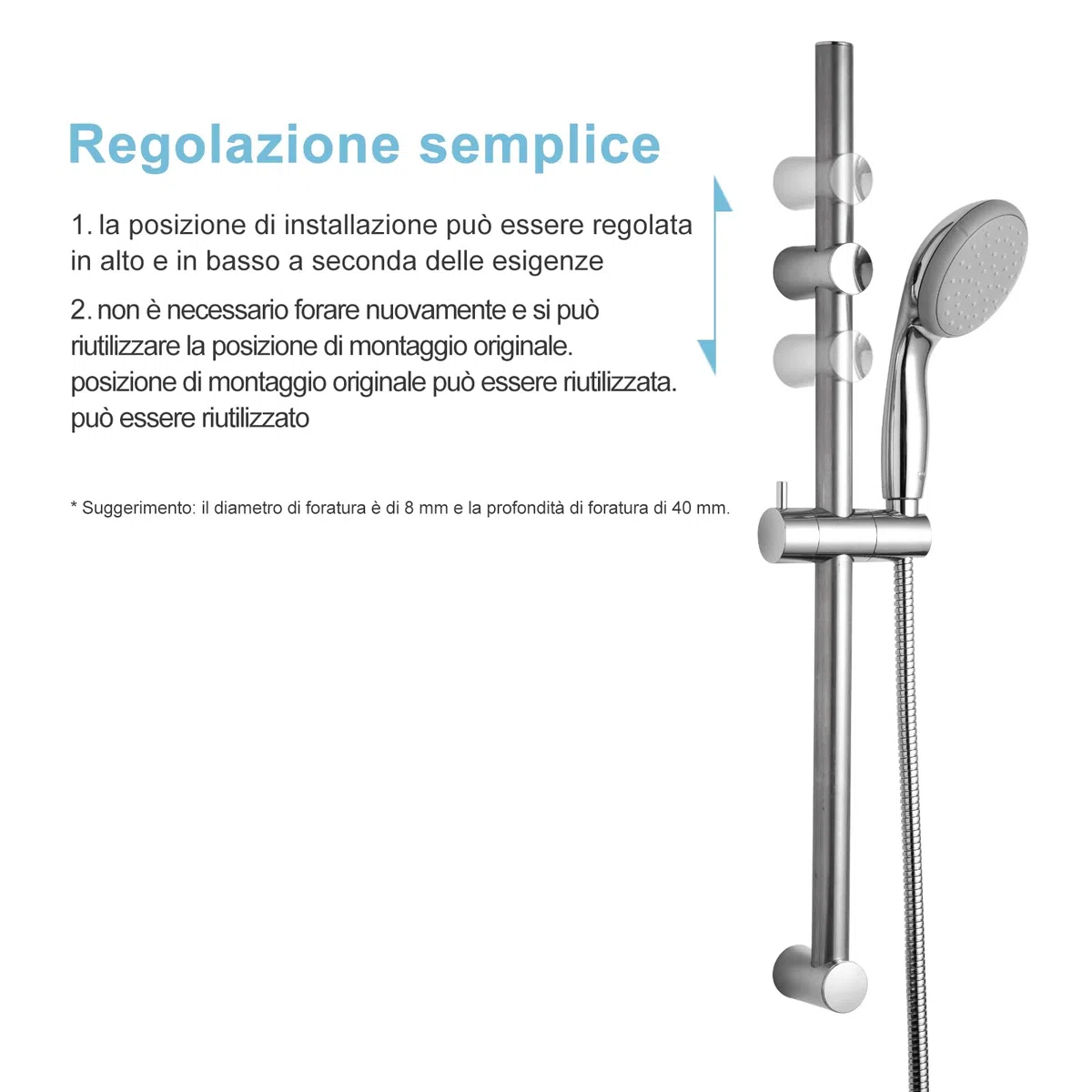 OFFO Asta saliscendi per doccia, 62 cm, montaggio a parete, distanza regolabile da 28 a 61 cm, con supporto di ricambio per soffione doccia, cromato