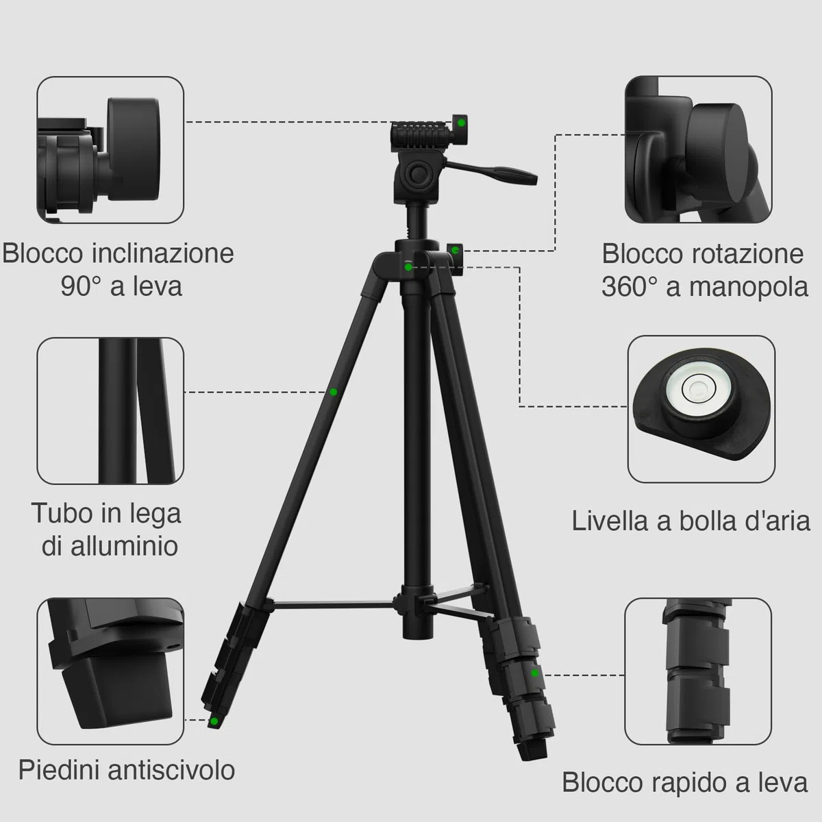 Treppiede in alluminio leggero da 137 cm con livella a bolla, piastra a sgancio rapido con montaggio a vite da 1/4"-20 per dispositivo di livellamento della linea laser