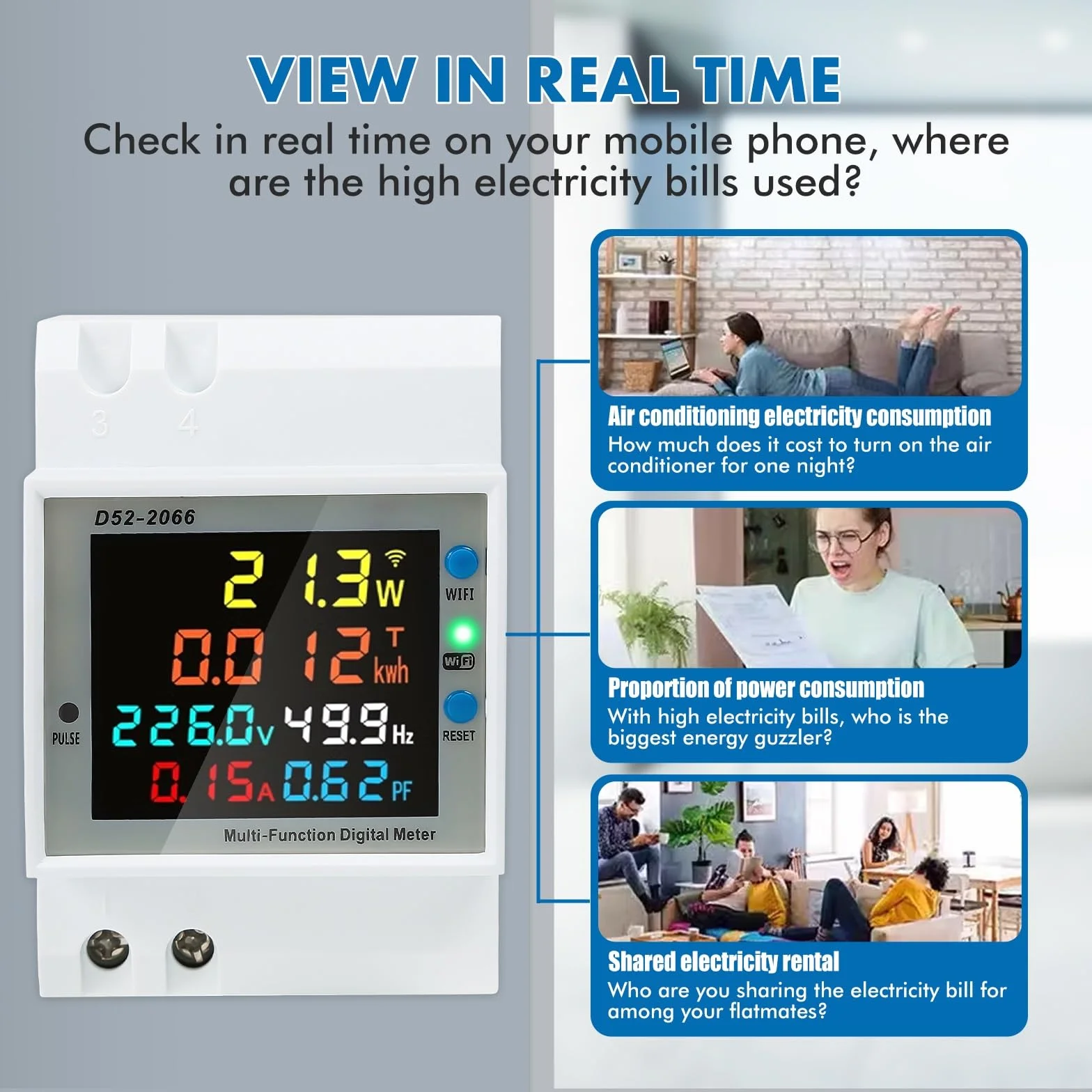 Contatore Energia Elettrica Monofase WiFi Contatore Elettrico Digitale Misuratore Consumo Elettrico DIN Controllo APP Tuya AC40-300 Misuratore di Tensione, Corrente, Potenza e Frequenza