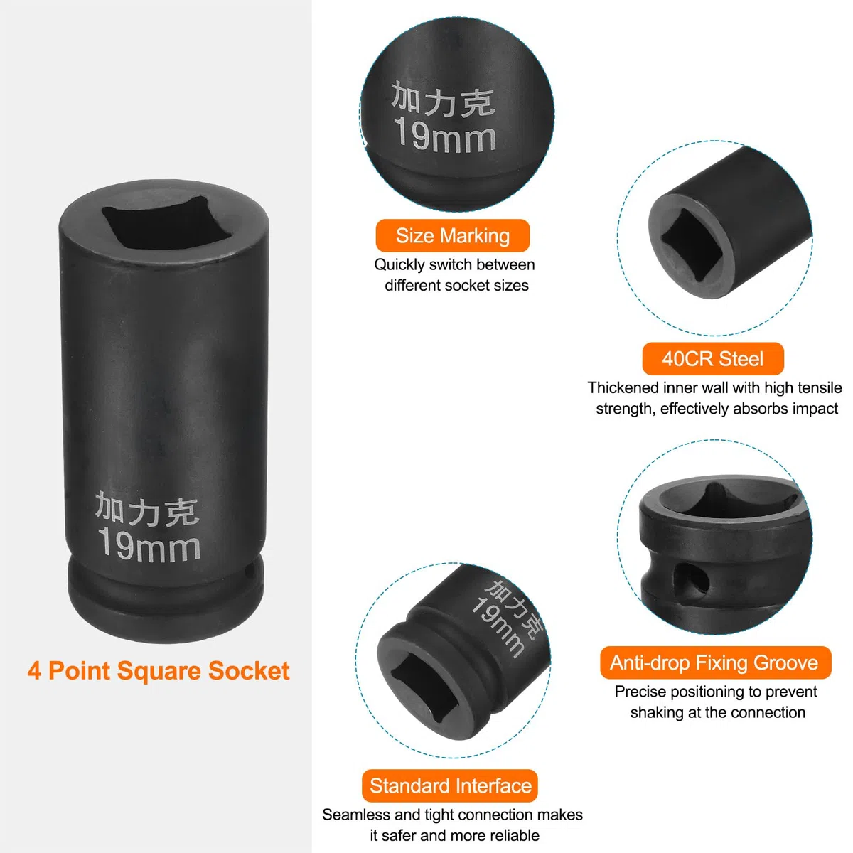 QUARKZMAN Presa 4 Punti Quadrata 3/4" Drive per Chiave Bussola Metrica 19mm 40CR Nera Standard Chiavi Bussola per Ruote Chiave Bussola Pneumatica per Riparazioni Auto Manutenzione Meccanica