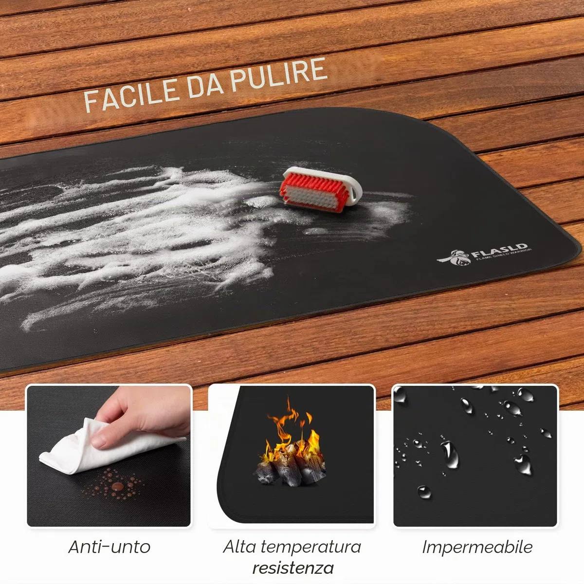 FLASLD Tappetino ignifugo per interni ed esterni, resistente alla fiamma, in fibra di vetro, per focolare e camino, protezione per stufe (nero, 63 x 99 cm)