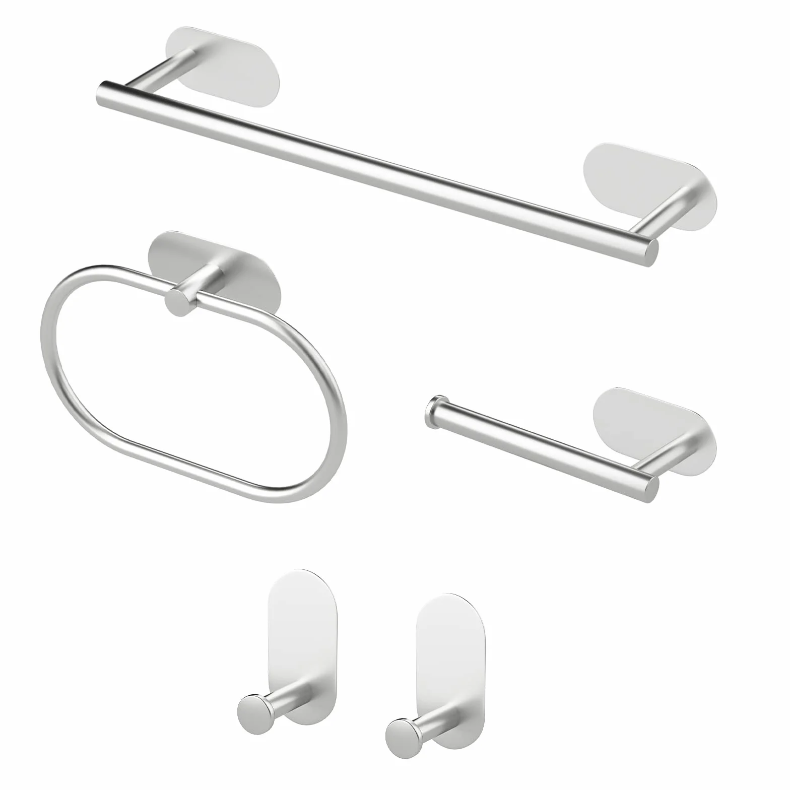 Accessori Bagno Set di 5 - Porta Asciugamani Bagno Adesivo, Porta Carta Igienica, Anello Portasciugamani, Ganci Adesivi, Argento