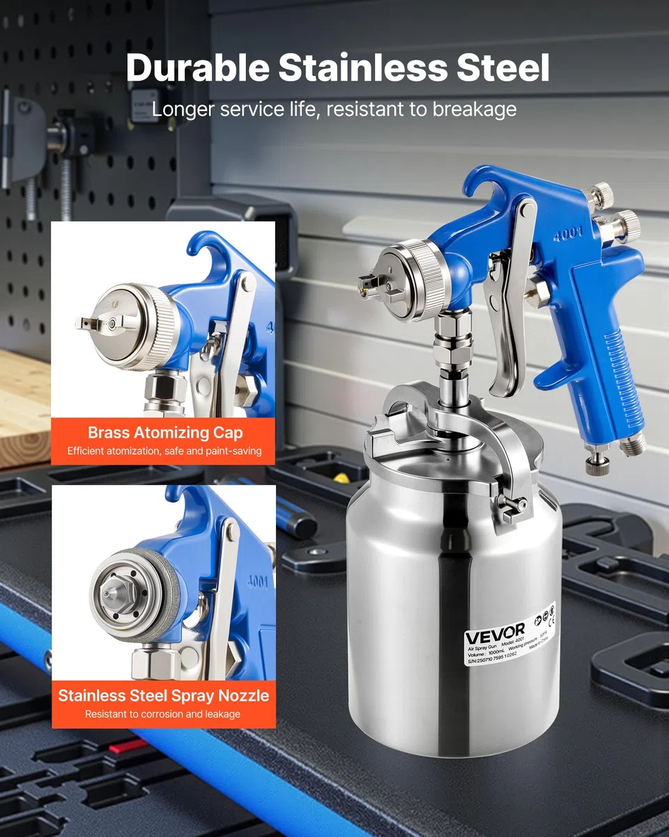 VEVOR Pistola a Spruzzo Pneumatica per Verniciatura a Sifone da 1000 CC con Ugello da 1,8 mm, Flusso Volume d'Aria Regolabile, Pistola per Verniciatura ad Aria Compressa per Auto, Pareti