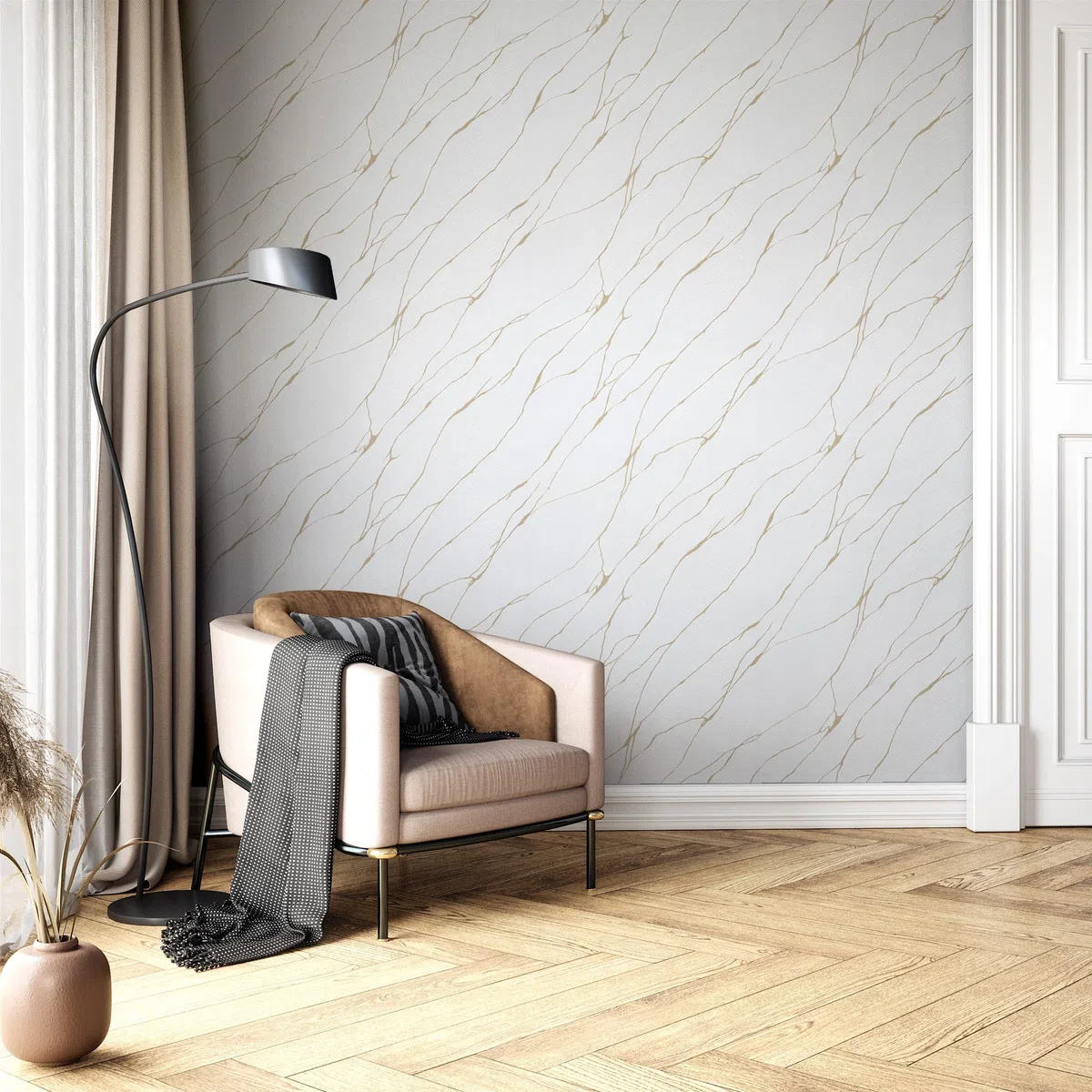 Newroom Carta da Parati Tessuto Non Tessuto Grigio Chiaro Effetto Marmo - Glamour Moderno Ottica 3D Accenti Oro per Soggiorno Camera da Letto