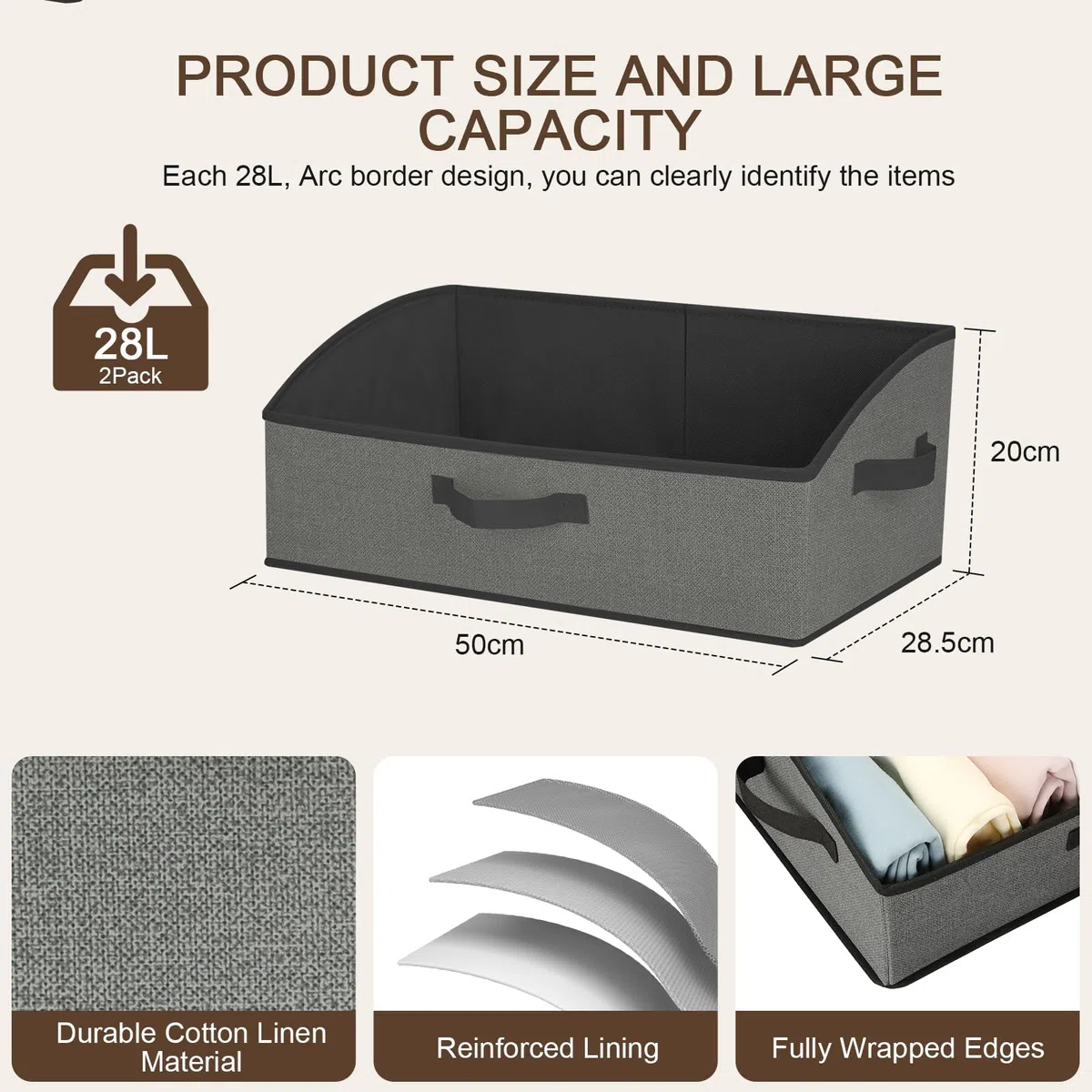 Cozary Scatole Portaoggetti 28L,Set di 2 Cubo Portaoggetti Pieghevole in tessuto 50x28.5x20cm, con Maniglia,Grande Contenitore per Vestiti,Armadio,Giocattoli, libri e Guardaroba