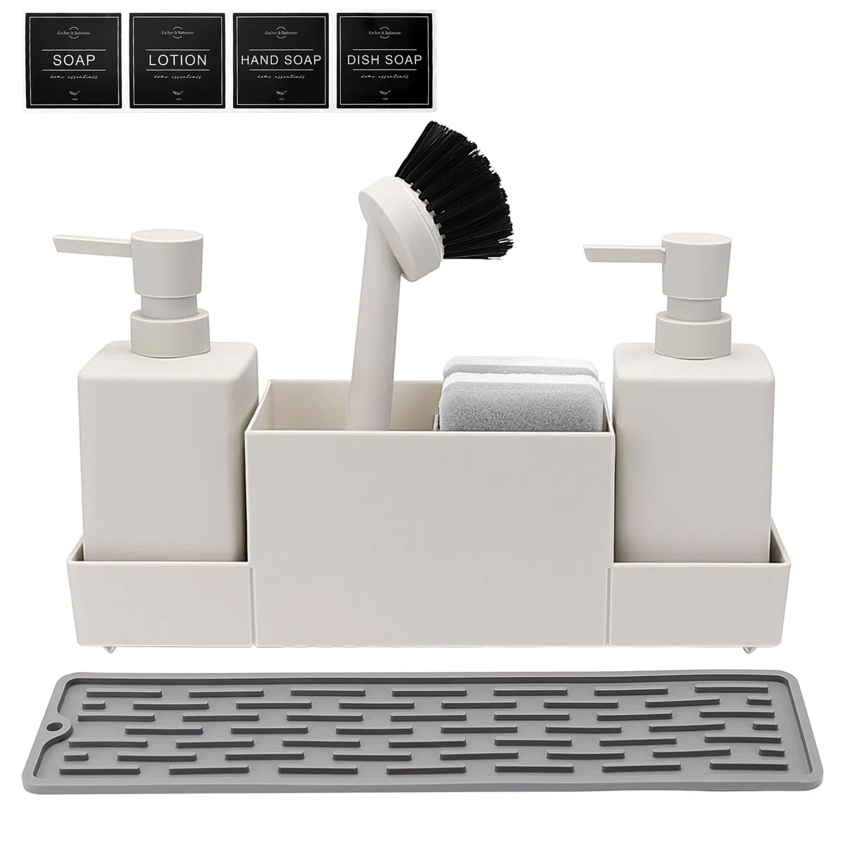 CAUTIOUS Organizer per lavello da cucina da 350 ml, con spazzola, dispenser per sapone da cucina, set in plastica, organizer per piatti con due dispenser di sapone, organizer da cucina (bianco)